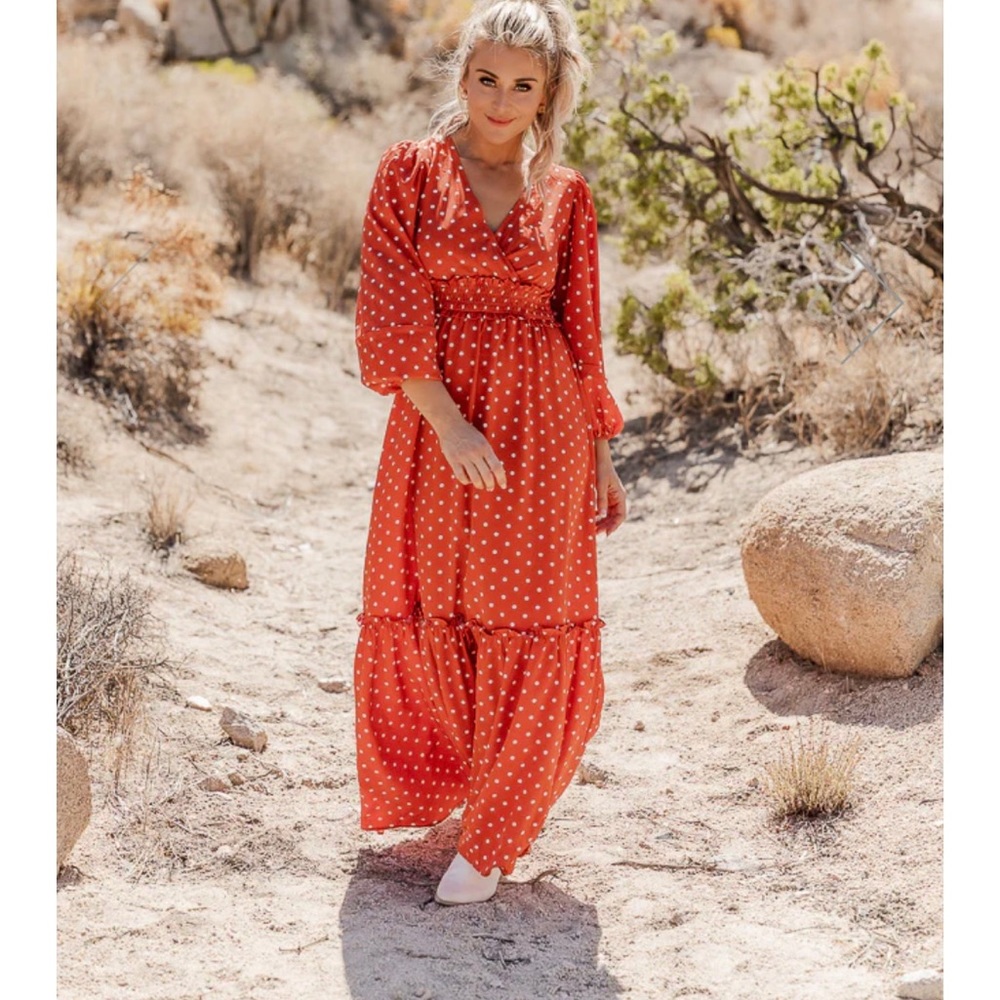 Gather Your Thoughts Rust Polka Dot Smocked Waist Maxi Dress Pink Lily